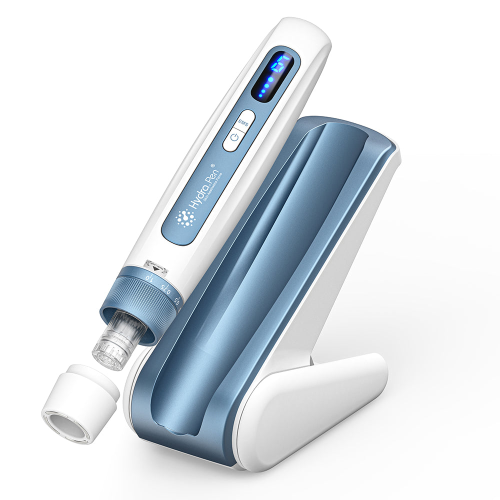 Acélkék Hydra Pen H5 tűmodullal, védőkupakkal és hozzá illő szüneteltető talppal
