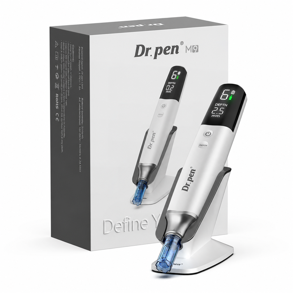 Fehér Dr. Pen M9 az állványán, az eredeti termékdoboz mellett